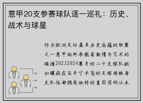 意甲20支参赛球队逐一巡礼：历史、战术与球星