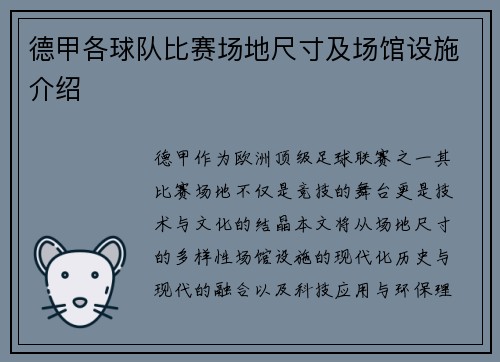 德甲各球队比赛场地尺寸及场馆设施介绍